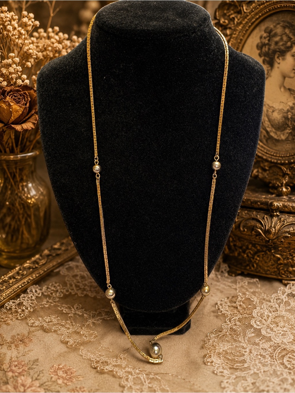 Vintage Avon Elegant Gold-Tone Long Necklace with Accent Beads